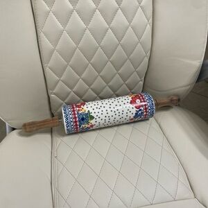 Pioneer Woman Dazzling Dahlias Retired Ceramic Rolling Pin Acacia Wood Handles